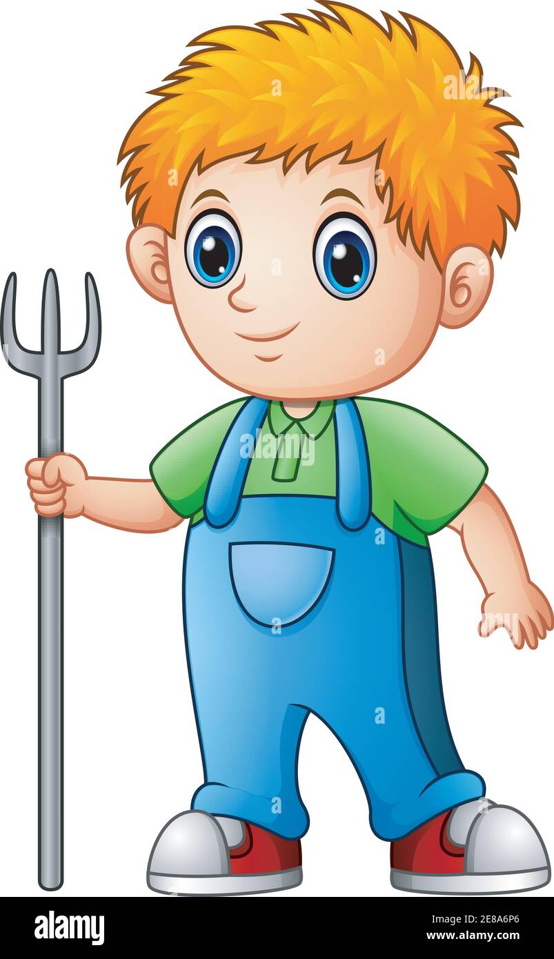Vector illustration of Cartoon boy farmer holding rake Stock Vector ...