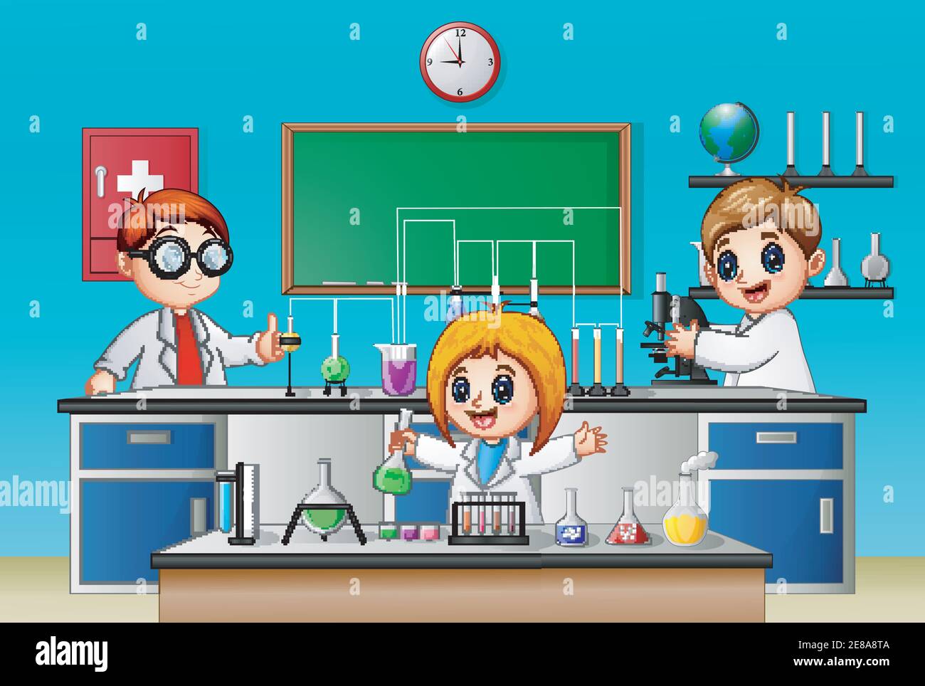 Vector illustration of Kids doing chemical experiment in the lab Stock Vector