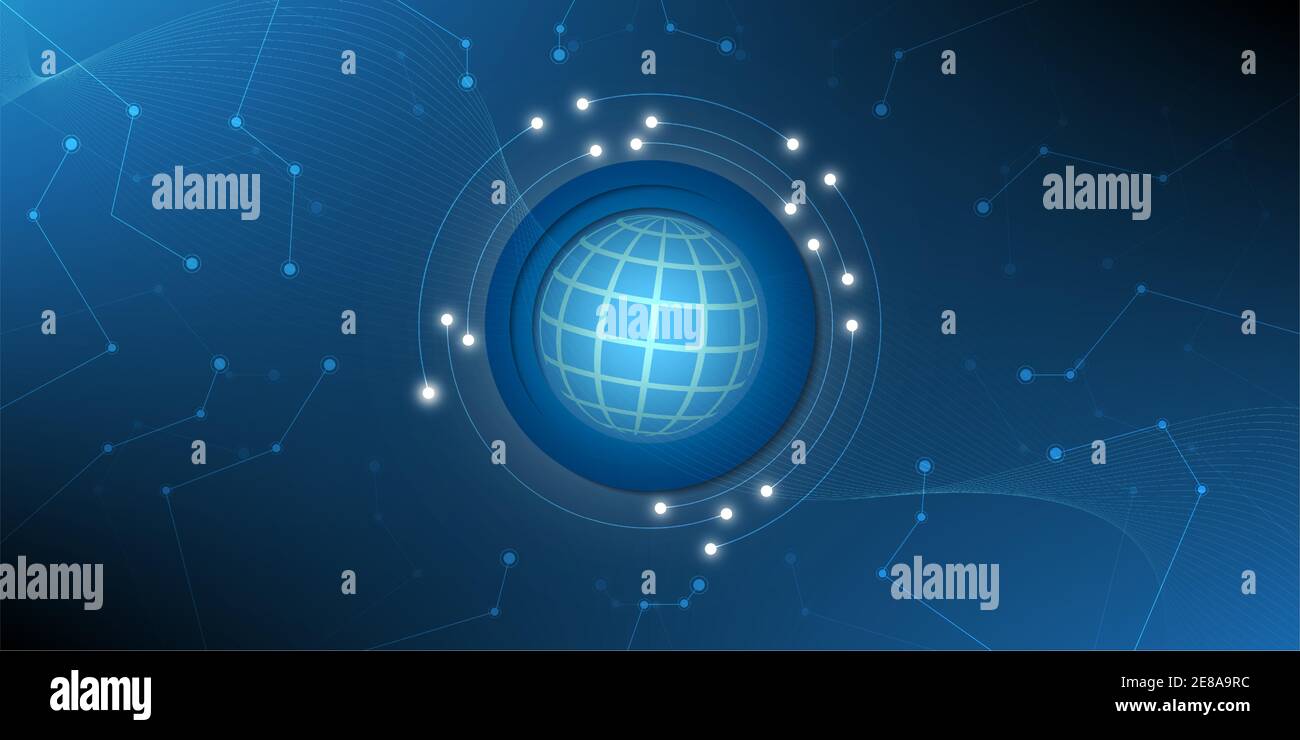 Digital blue technology background with globe and wave line world ...