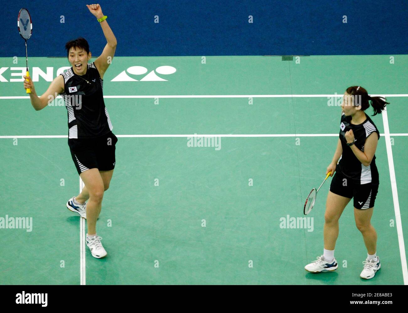 Korea's Hyo Jung-bee (L) and Min Jung-kim celebrate after winning against  China's Ma Jin and Wang Xiaoli during the final of Uber Cup badminton  championship in Kuala Lumpur May 15, 2010. REUTERS/Bazuki