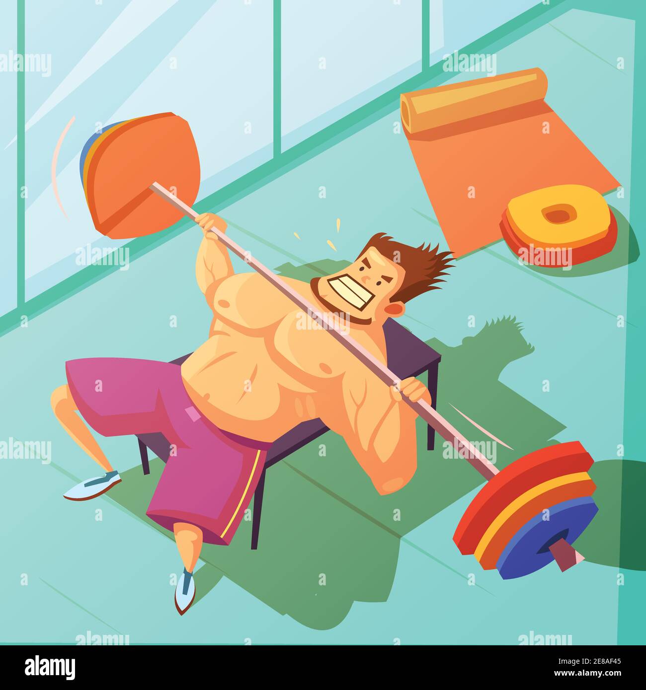 Weightlifting in a gym background with bench barbell and man cartoon vector  illustration Stock Vector Image & Art - Alamy