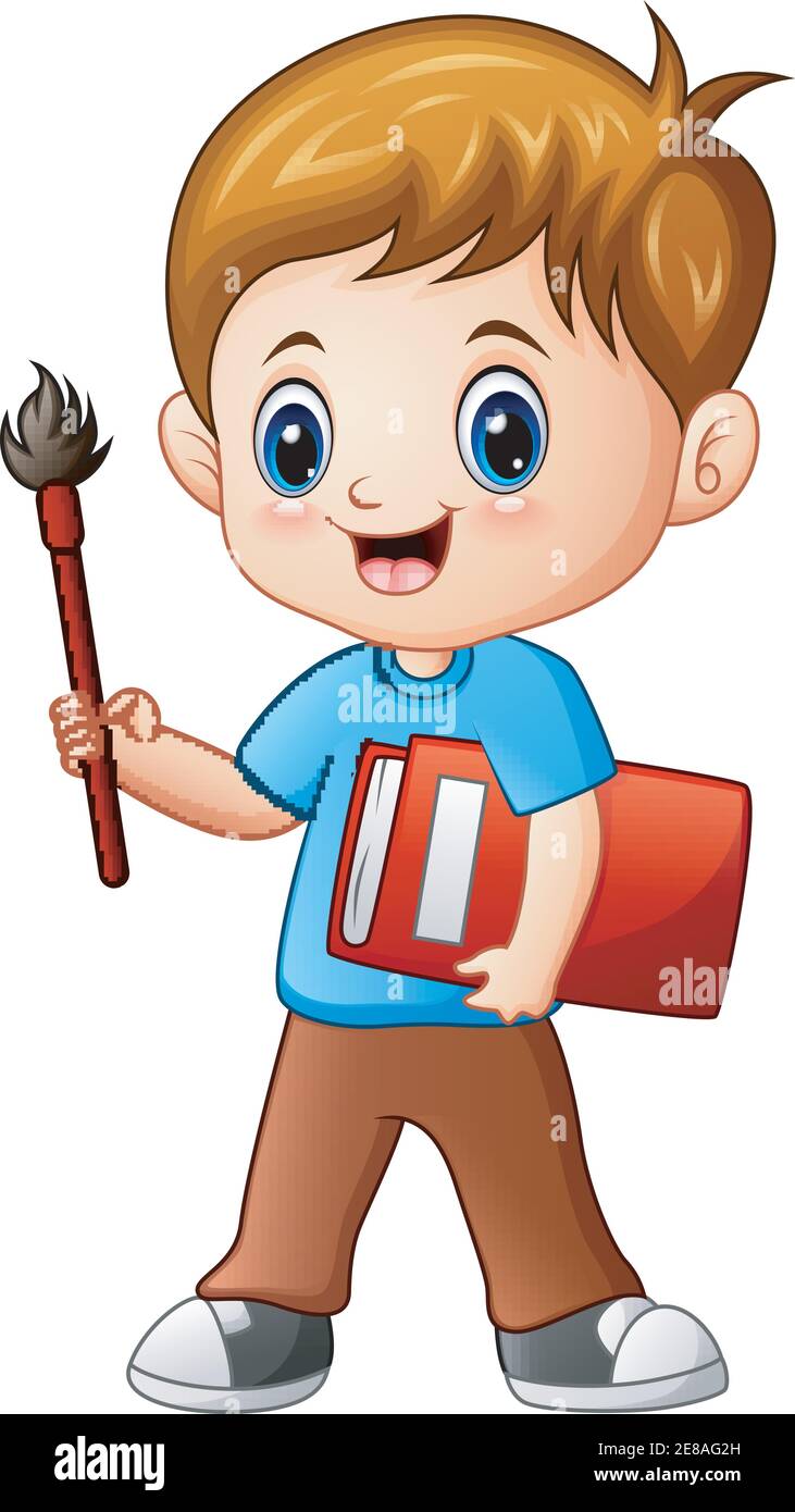 Vector illustration of Cartoon boy holding a brush and book Stock ...