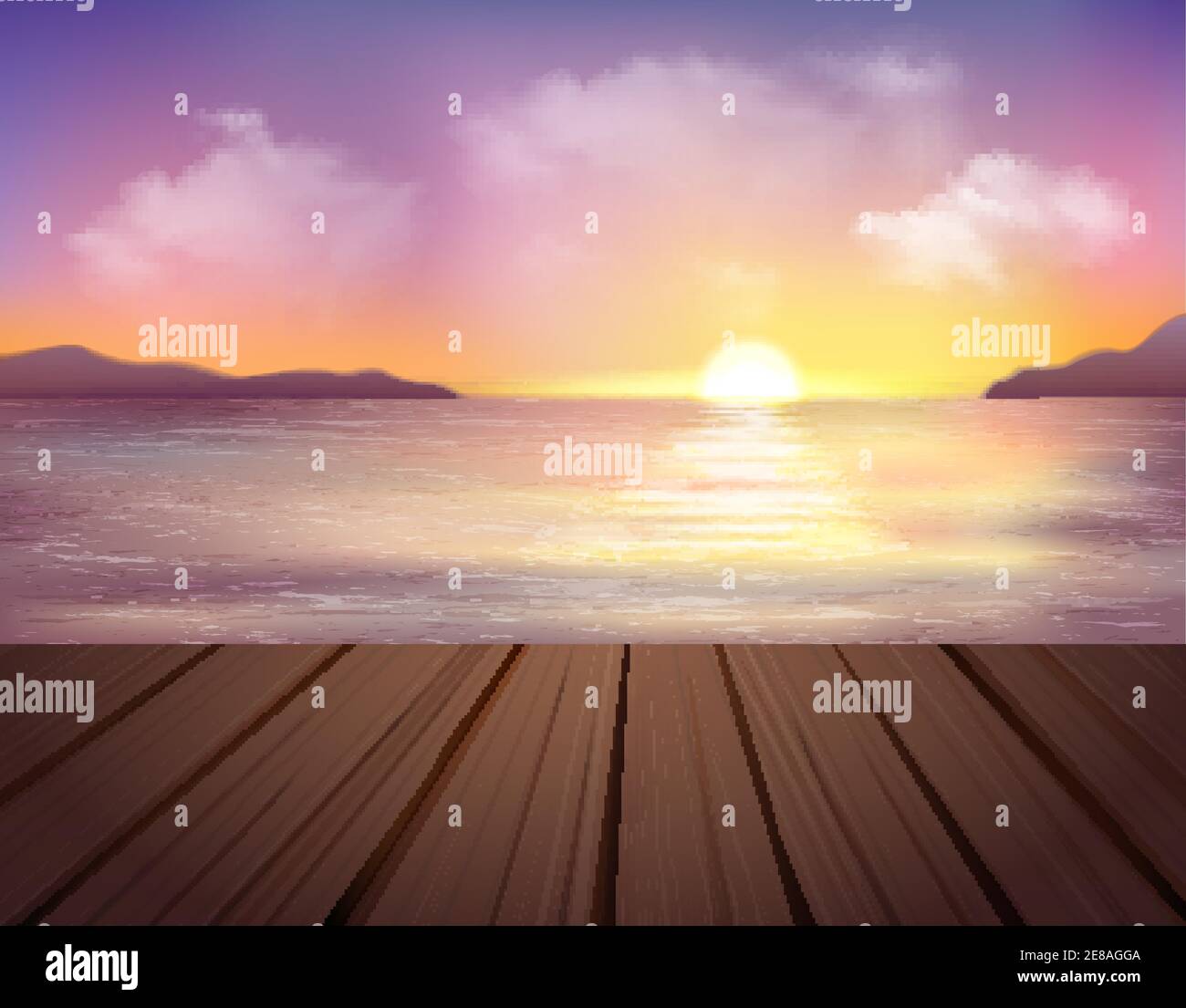 Landscape with sea mountains pier and sunset in colorful sky with clouds cartoon vector illustration Stock Vector