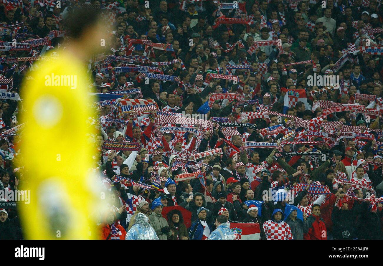 England S Goalkeeper Scott Carson L Watches The Croatian Supporters Celebrate Their Sides Second Goal During Their Euro 2008 Group E Qualifying Soccer Match At Wembley Stadium In London November 21 2007 Reuters Eddie<script async src=