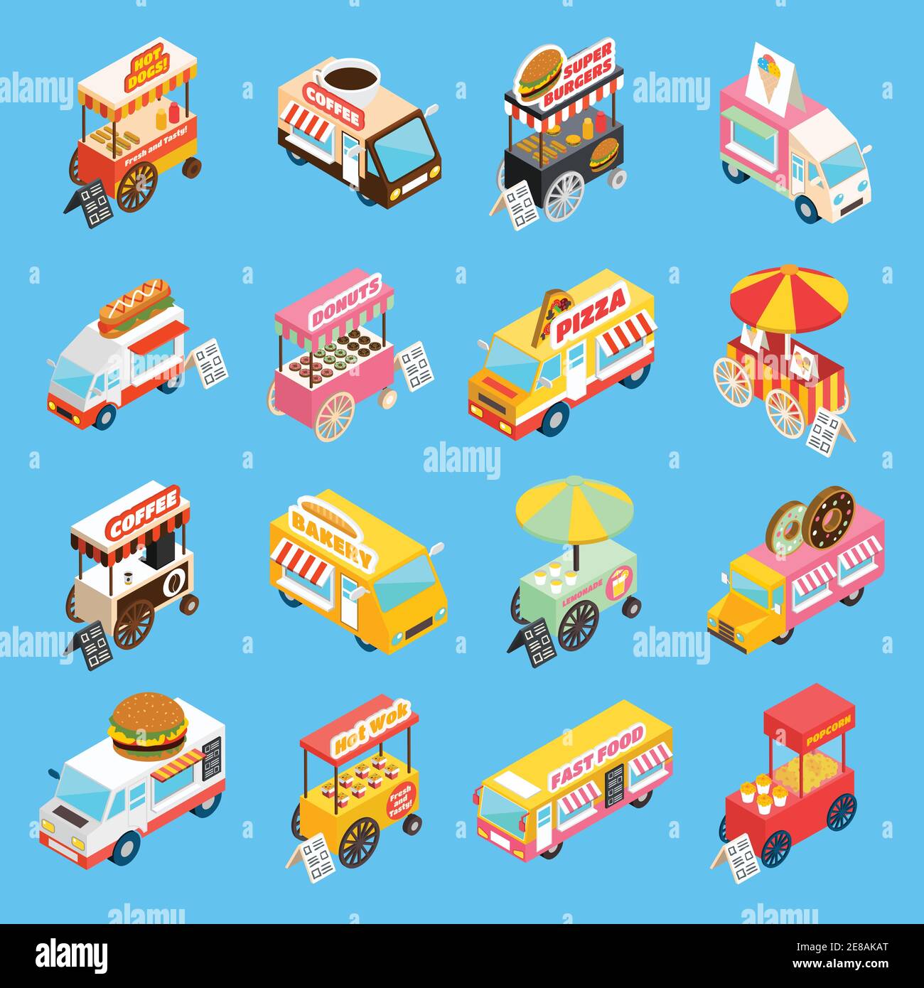 Street food trucks and carts selling hot dogs and wok dishes isometric icons set abstract