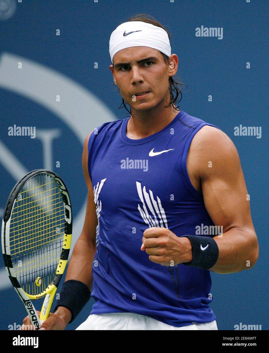 Rafael Nadal of Spain pumps his fist after a point against Bjorn Phau of  Germany during their match at the U.S. Open tennis tournament in Flushing  Meadows, New York August 25, 2008.