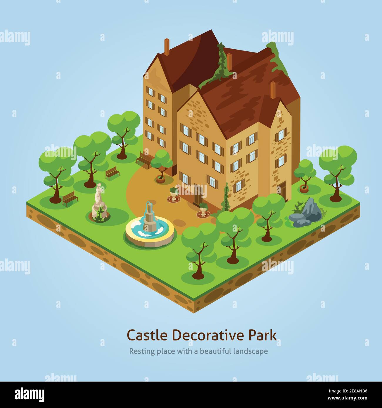 Isometric castle with decorative park landscape design concept vector illustration Stock Vector