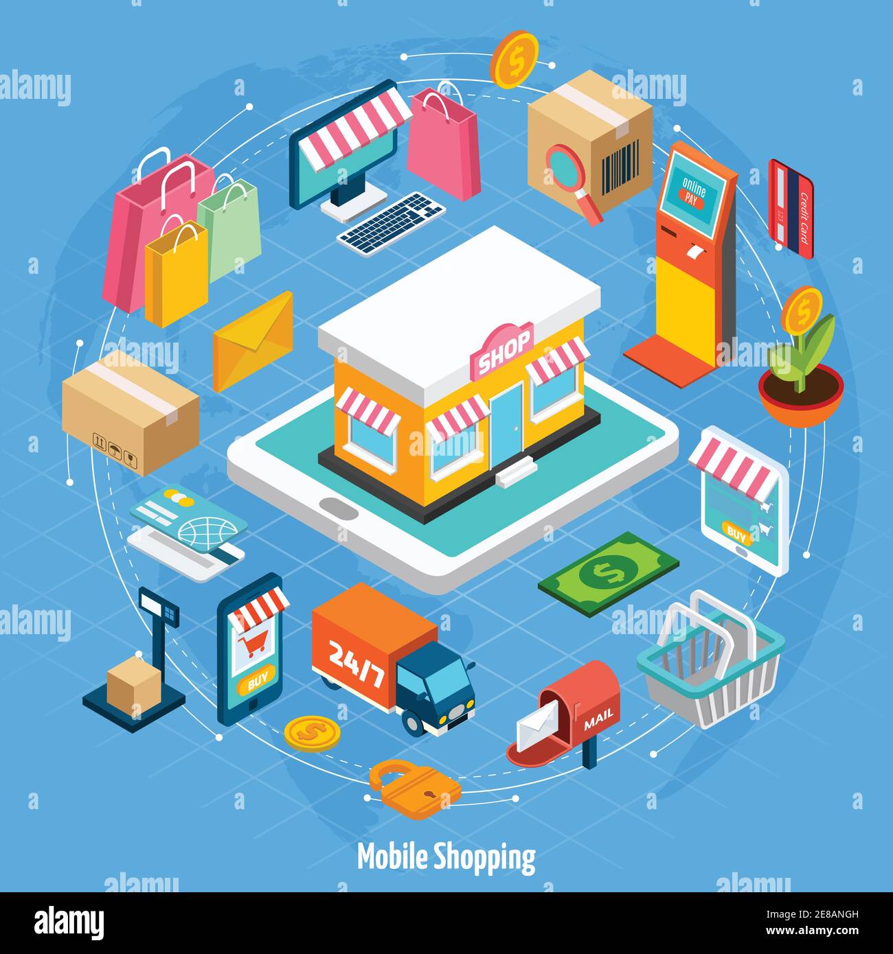Mobile shopping isometric concept with related elements on light blue background vector illustration Stock Vector