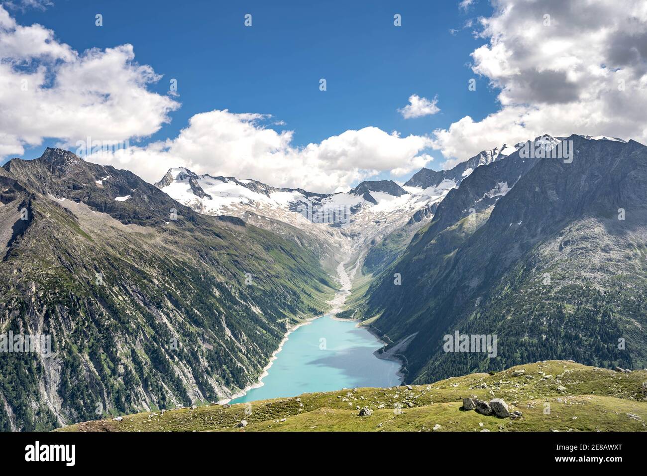 Breathtaking view of schlegeisspeicher glacier reservoir in Zillertal alps in Austria Stock Photo
