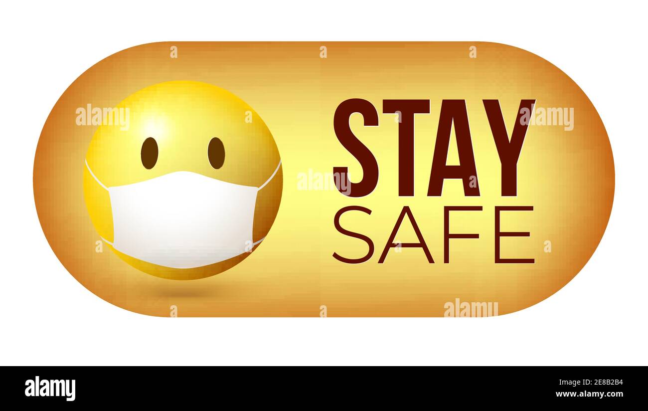 Stay safe. Yellow emoji icon in face mask. Badge template for article