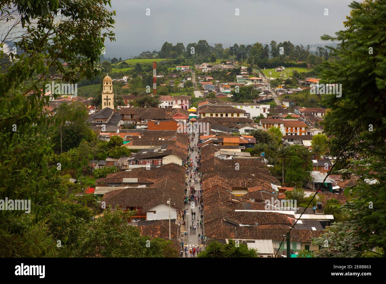 The Main Street of old spanish colony town Solento in Colombia, South America Stock Photo