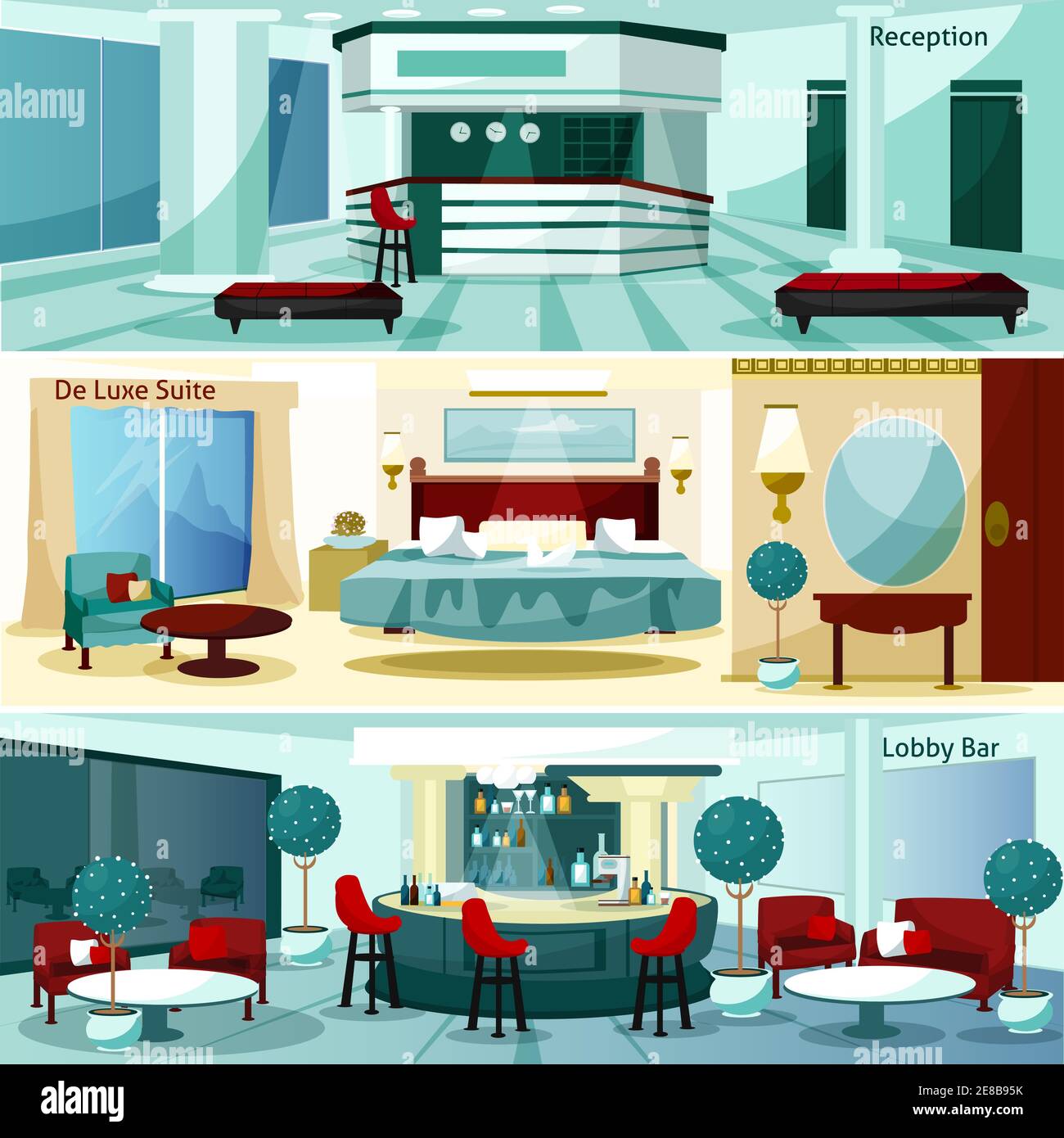 Three modern hotel interior de luxe suite and lobby bar horizontal banners cartoon vector illustration Stock Vector