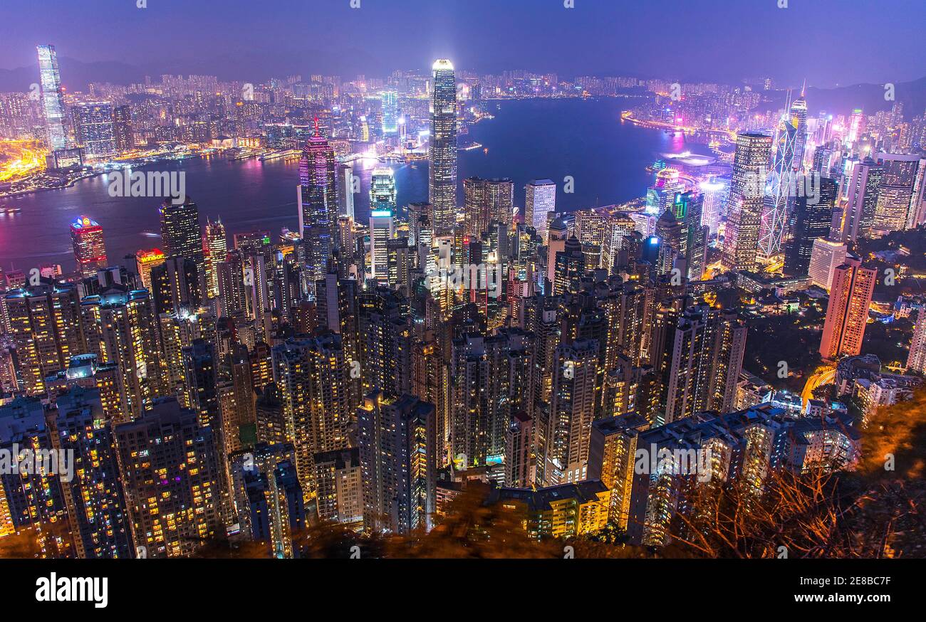 View from Victoria Peak, Hong Kong, China, at sunset Stock Photo