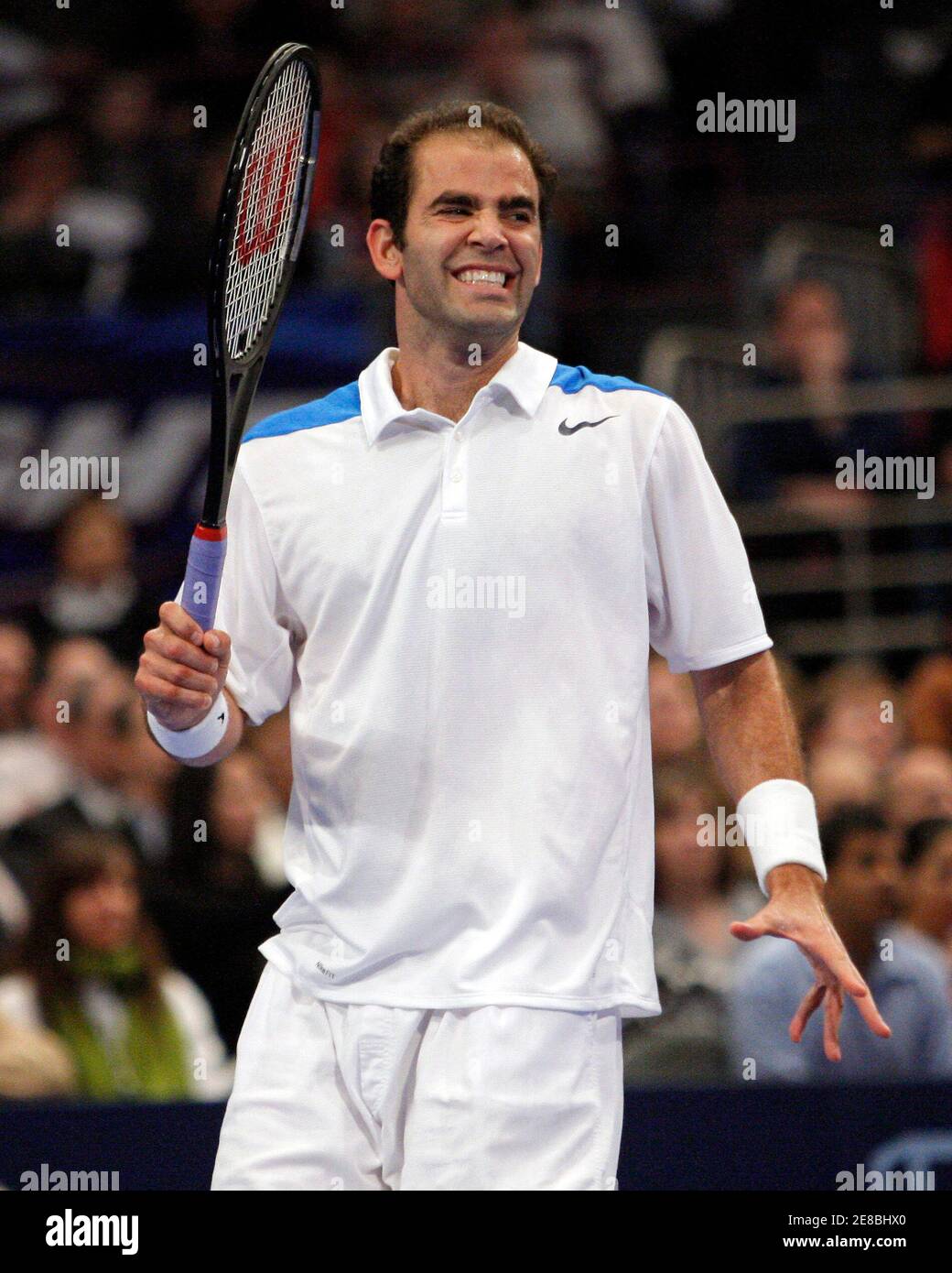 Pete Sampras of the U.S. reacts to a lost point during his exhibition match  against Roger Federer of Switzerland at New York's Madison Square Garden,  March 10, 2008. Federer won the match
