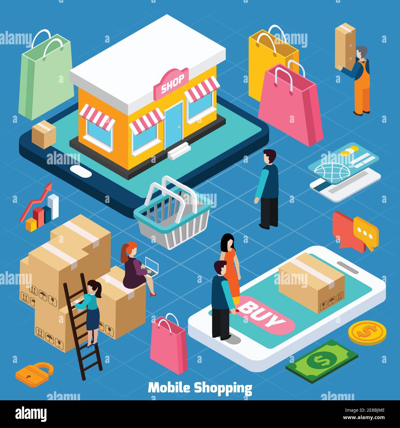 Mobile shopping with related elements isometric concept on blue background vector illustration Stock Vector
