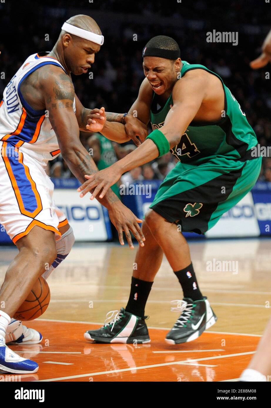 Boston Celtics forward Paul Pierce (R) reacts as New York Knicks forward Al  Harrington knocks the ball loose in the fourth quarter of their NBA  basketball game at Madison Square Garden in