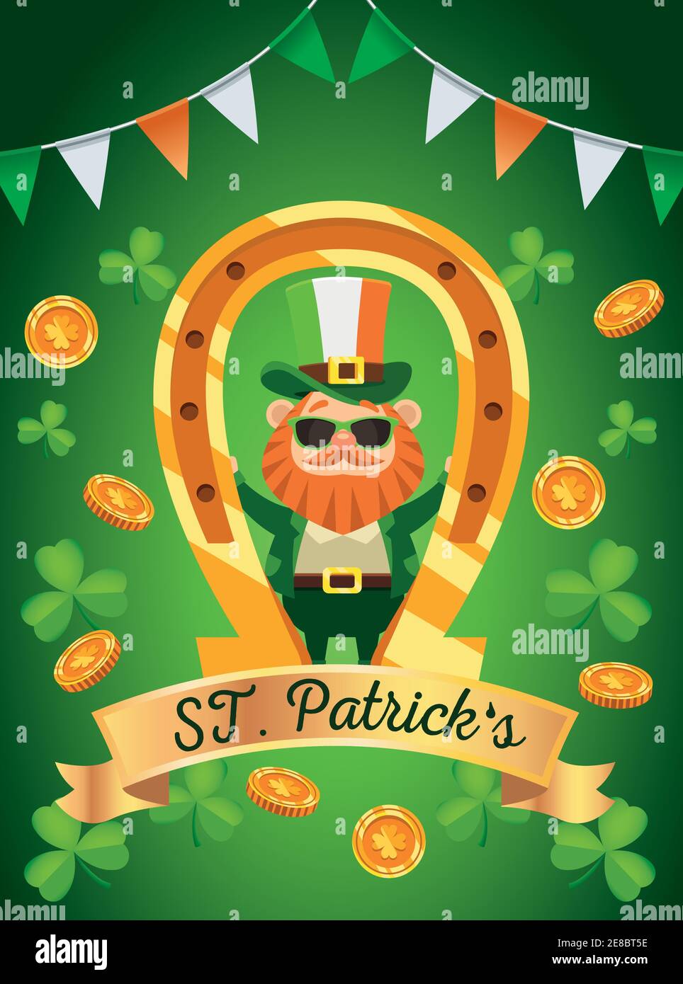 happy saint patricks day lettering poster with leprechaun in golden horseshoe vector illustration design Stock Vector