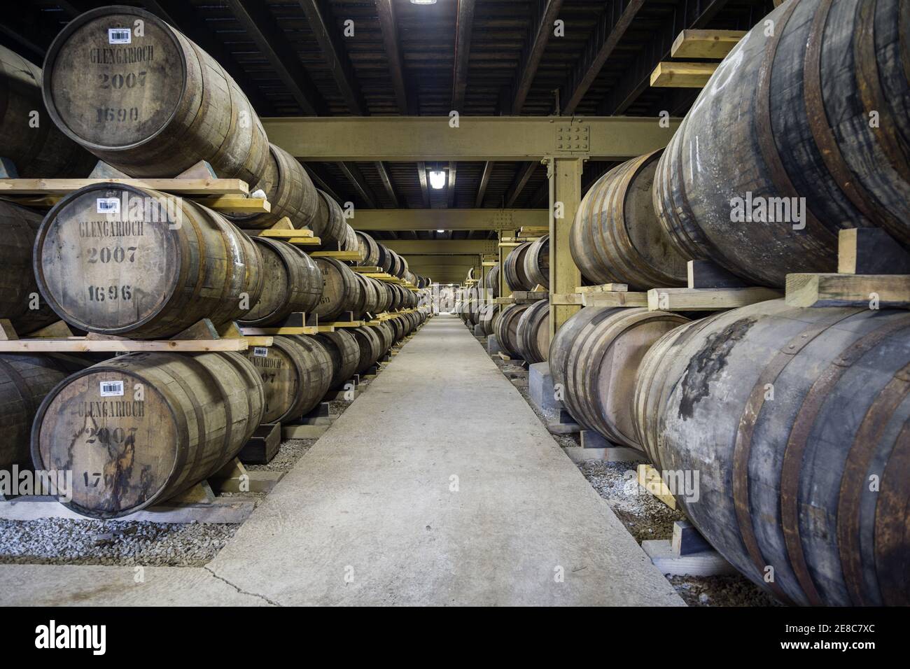 Barrels of whisky ageing in the warehouse at Glen Garioch distillery, Inverurie, Aberdeenshire, Scotland Stock Photo