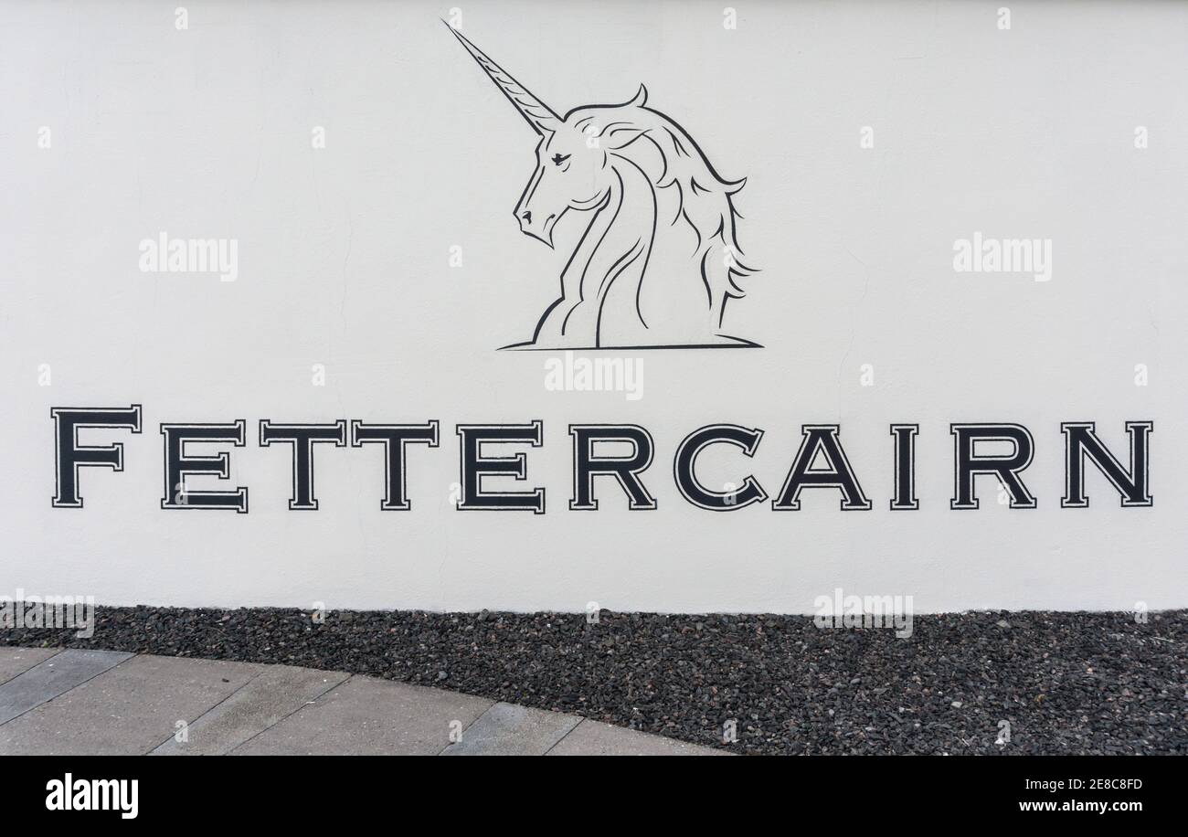 Company name sign board outside Fettercairn distillery, Aberdeenshire, Scotland Stock Photo