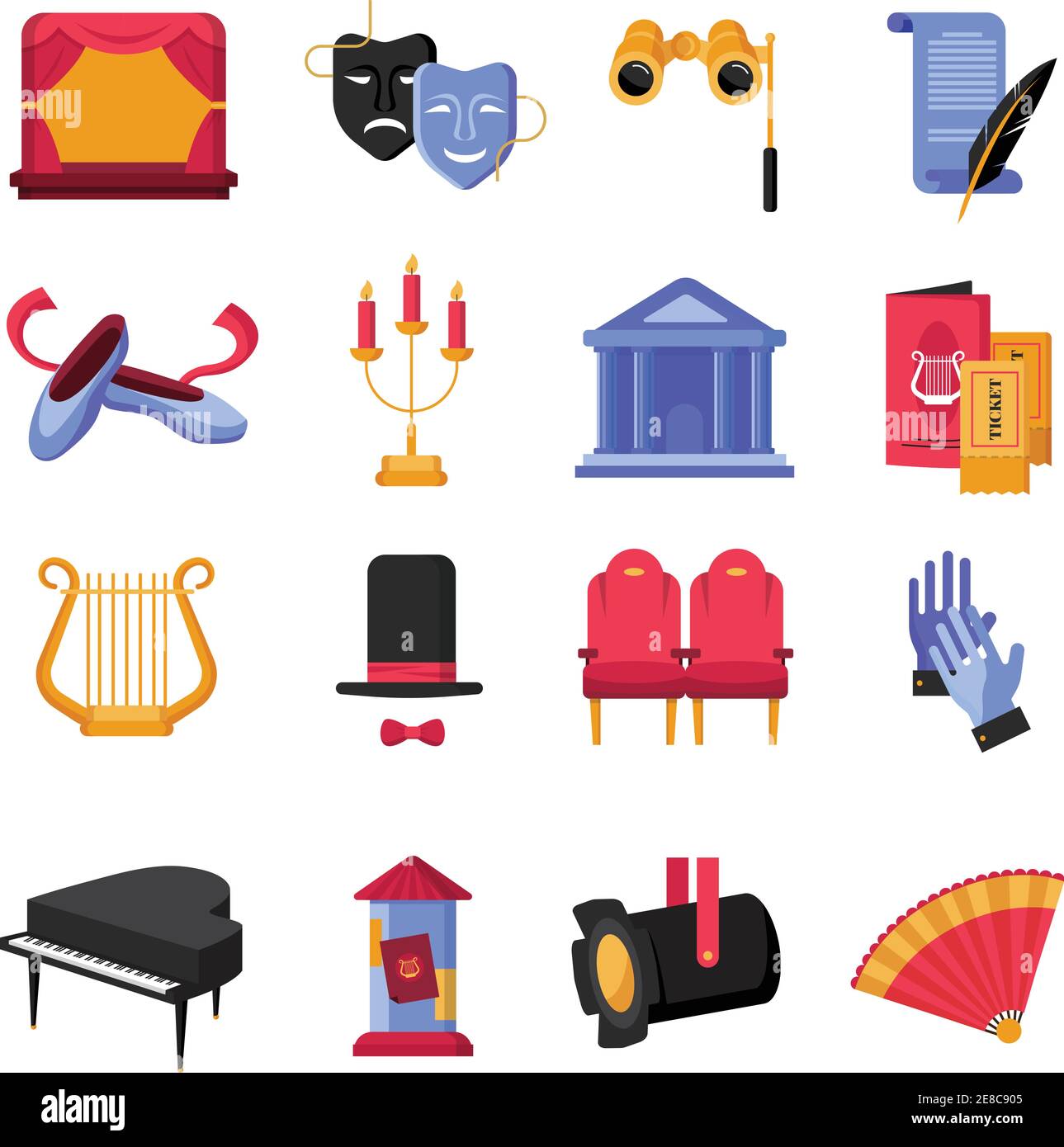 Colorful flat theatre icons set with musical instruments and props ...