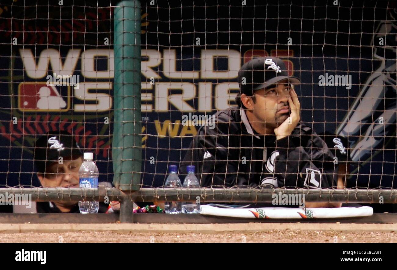 Chicago White Sox manager Ozzie Guillen watches the action unfold in the first inning against the Houston Astros in Game 4 of Major League Baseball's 2005 World Series in Houston, Texas, October 26, 2005. REUTERS/Mike Blake Stock Photo