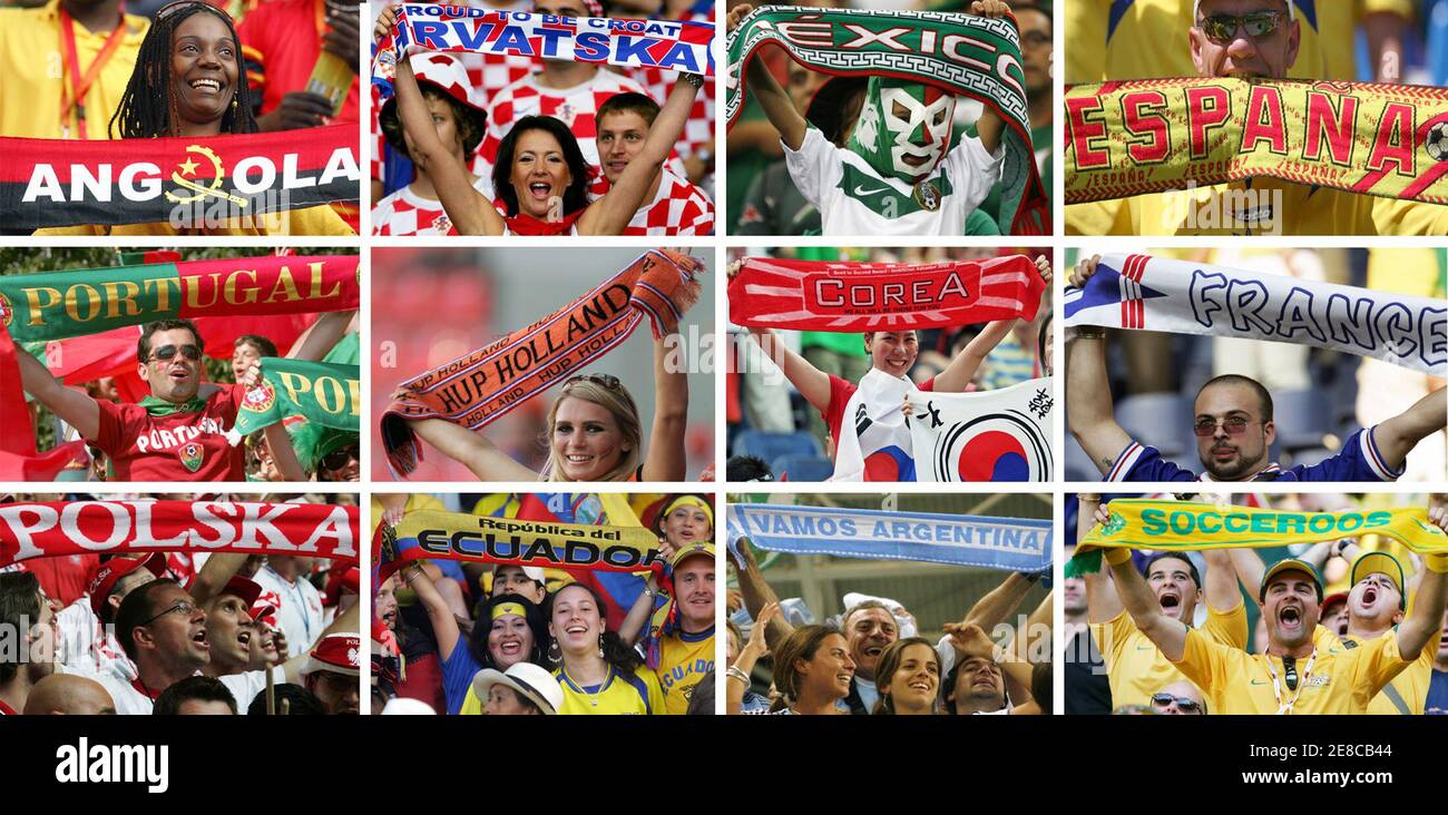 A combination picture shows soccer fans of some of the 32 competing nations, holding up football scarves during the World Cup 2006 tournament.  REUTERS/Staff Stock Photo
