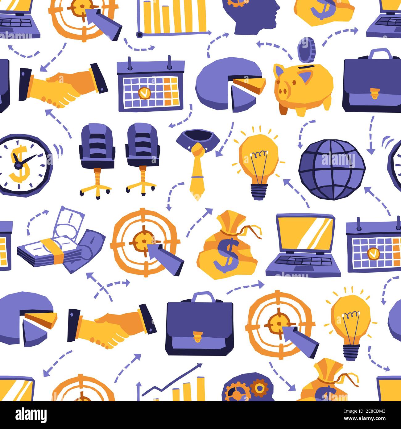 Different office objects and business elements drawn in doodle style on white background seamless pattern vector illustration Stock Vector