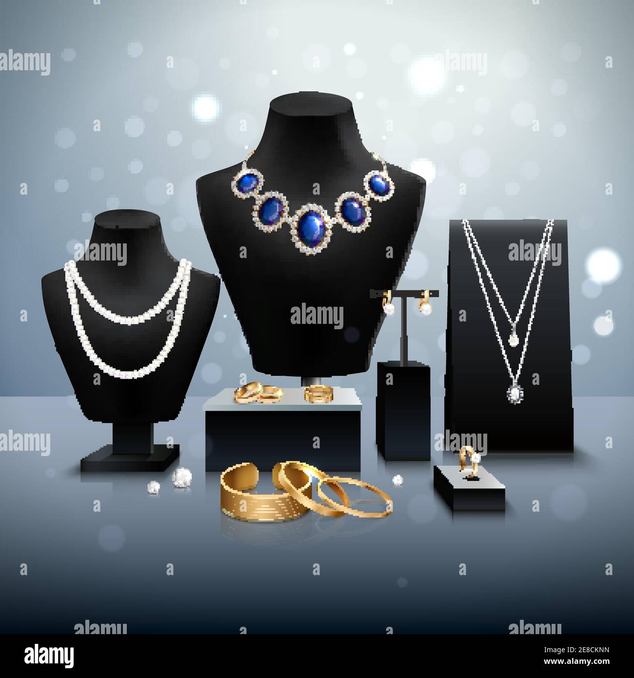 Realistic gold and silver jewelry display on black mannequins and