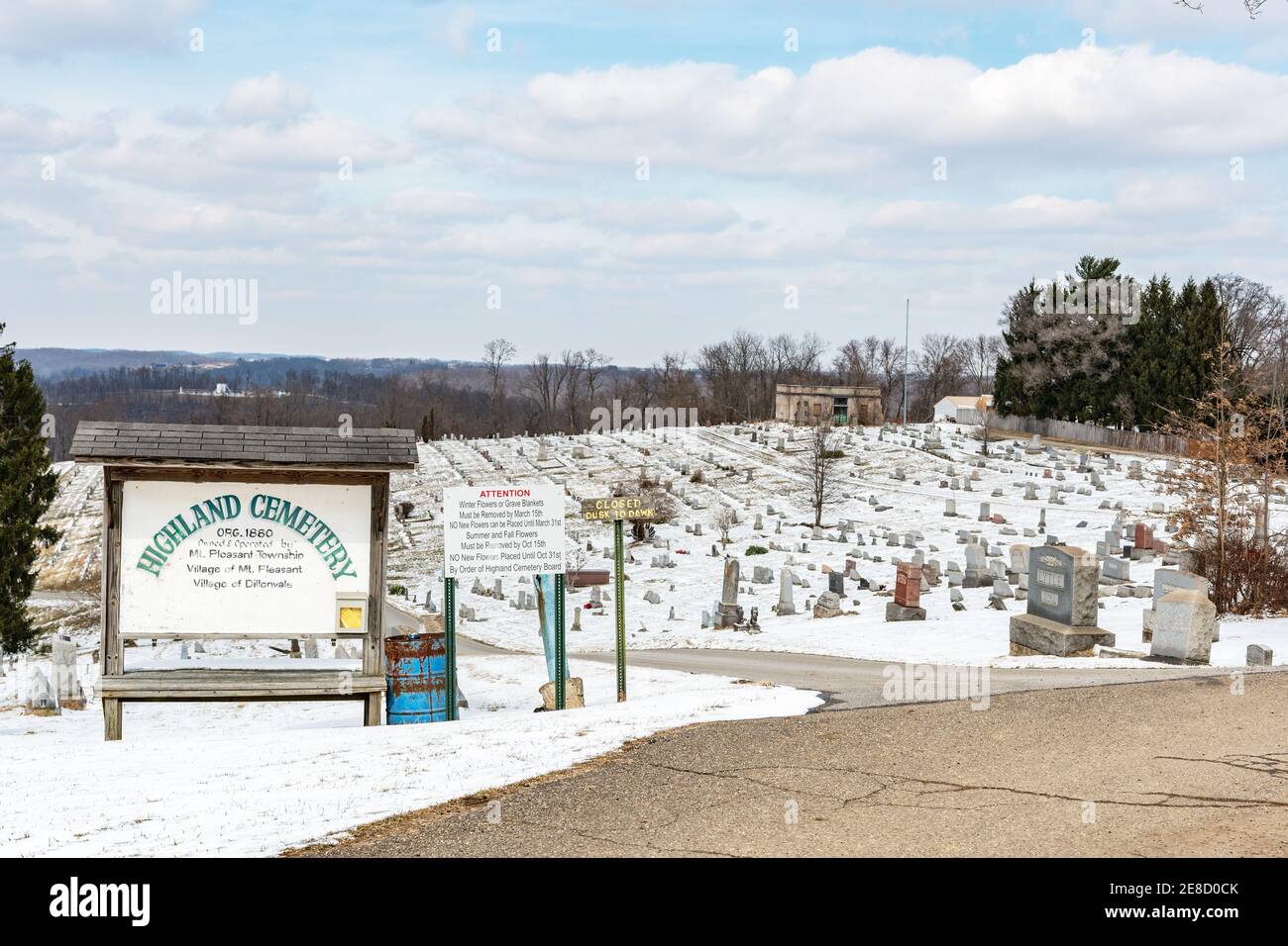 Mount Pleasant, Ohio/USA- March 7, 2019: A view of Highland Cemetery, established in 1880 in historic Mt Pleasant, OH. Stock Photo