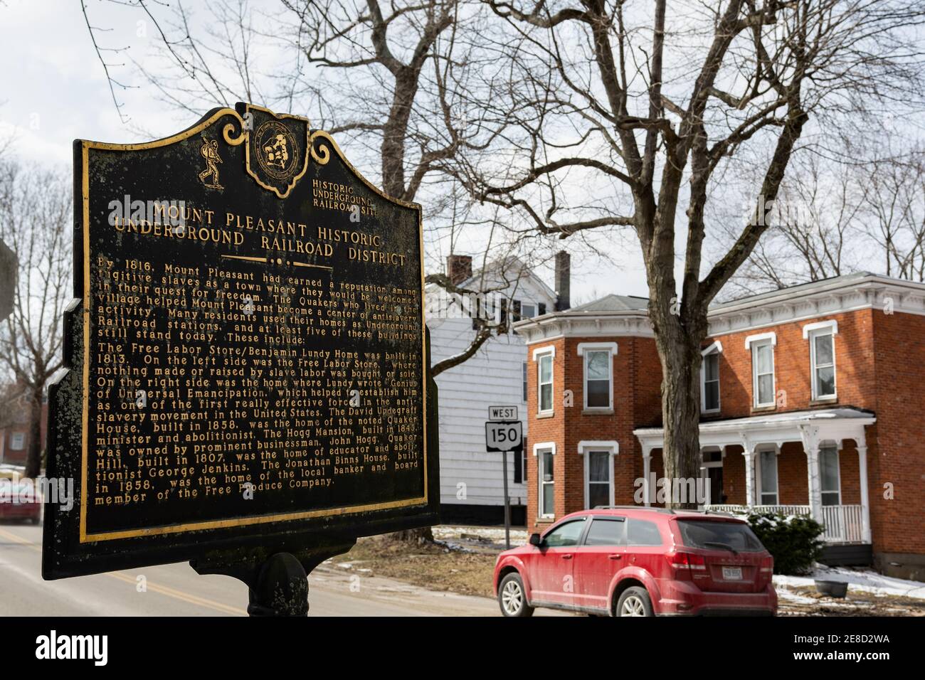 Mount Pleasant, Ohio/USA- March 7, 2019: Historical marker denoting the Underground Railroad District in the villiage of Mt. Pleasant, OH established Stock Photo