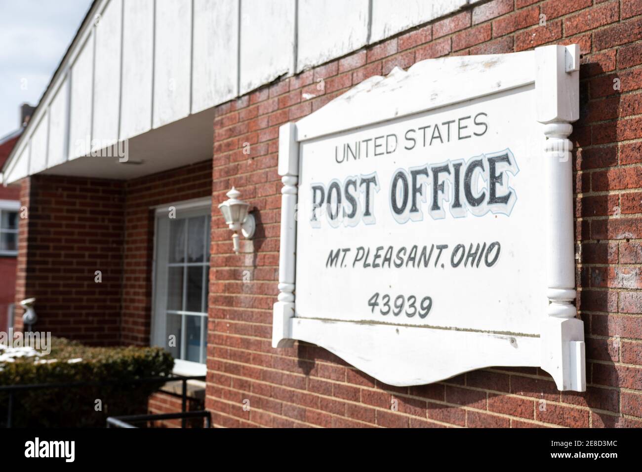 Mount Pleasant, Ohio/USA- March 7, 2019: Sign adorning the US Post Office in historic Mt. Pleasant, OH. Stock Photo