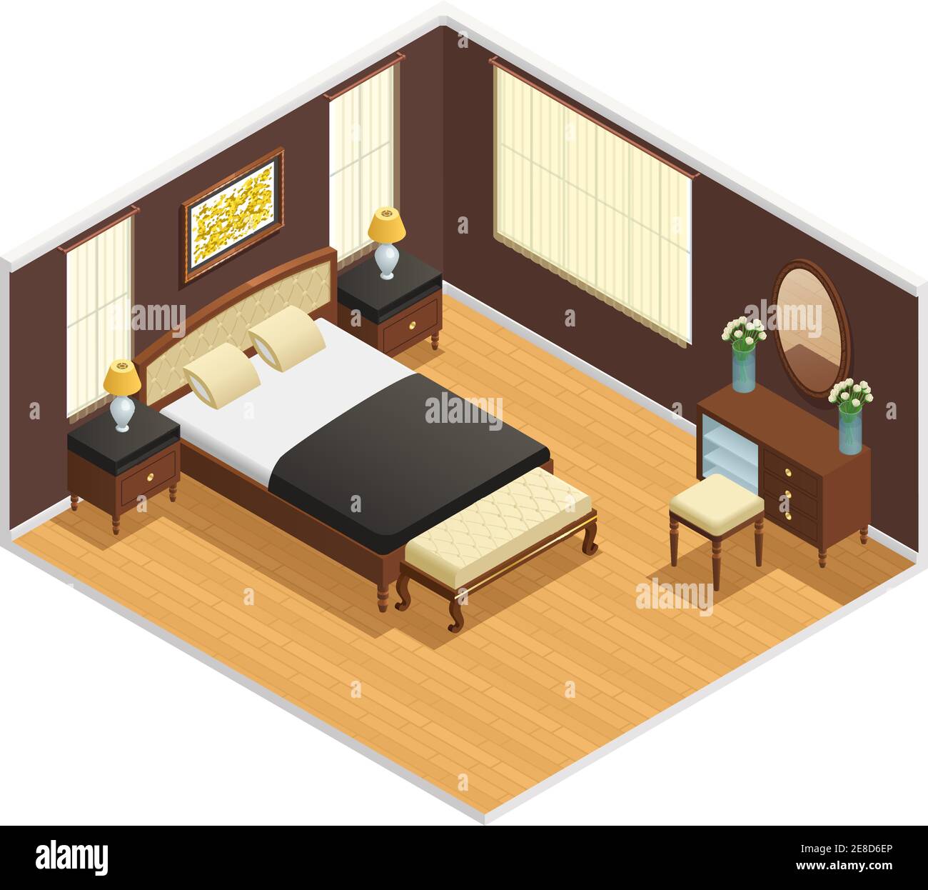 Isometric luxury interior for bedroom with double bed bedside tables