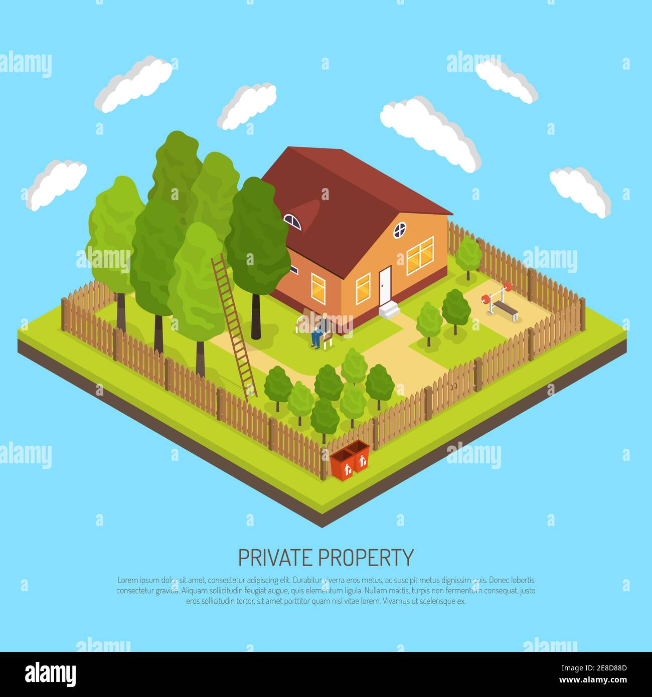 Private suburb property with fence boundary isometric image with piece of land and country house abstract vector illustration Stock Vector