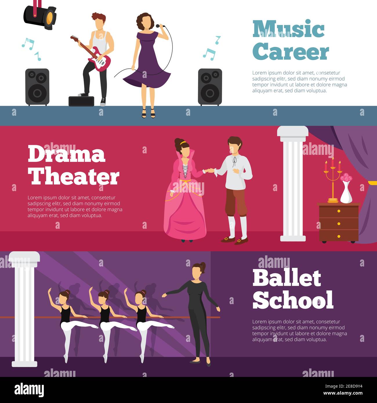 Theatre people banners set with ballet school and music career flat ...
