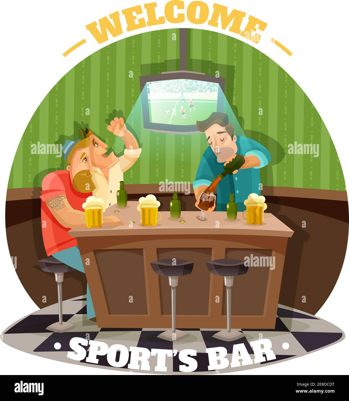 Soccer pub flat vector illustration with group of cheerleaders watching soccer match on tv and drinking beer Stock Vector
