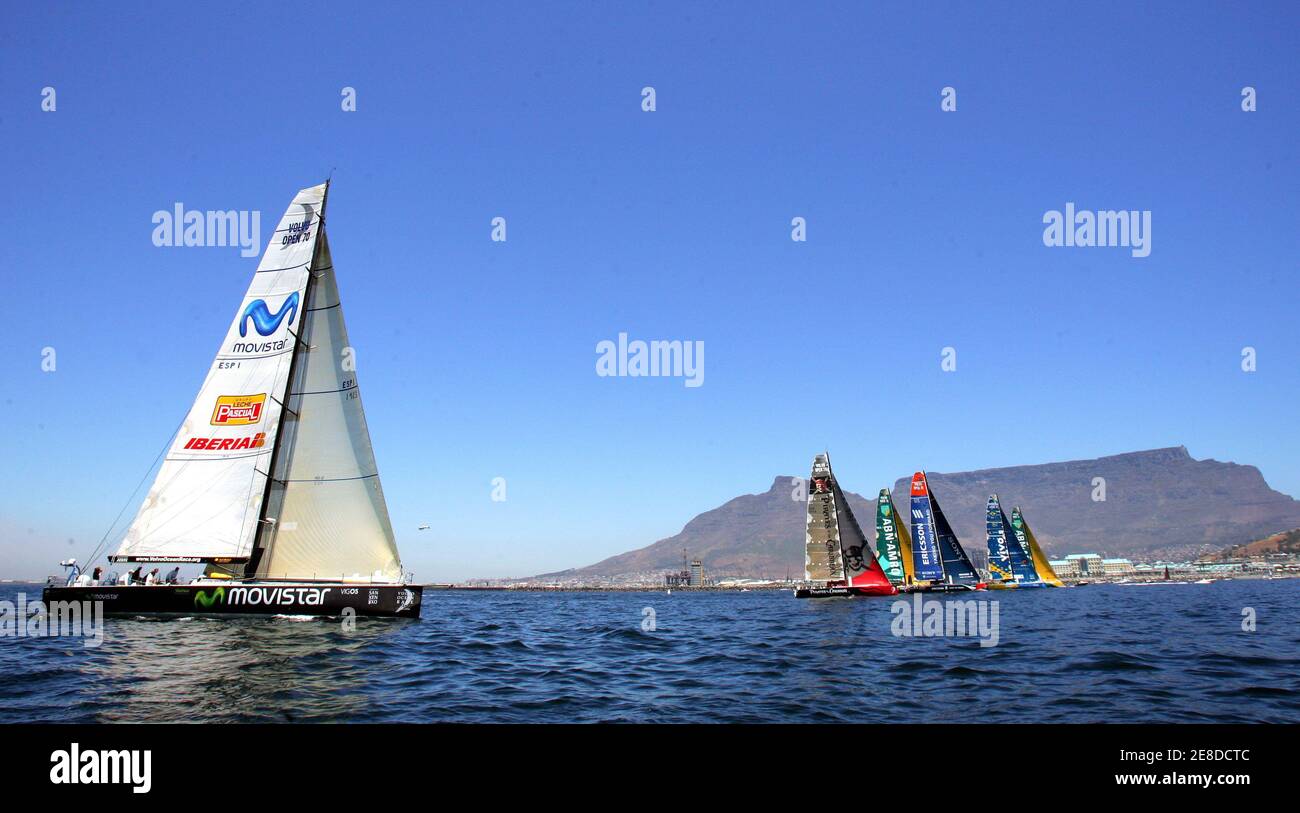 Yachts Moviestar, The Black Pearl, Eriksson, ABN Amro 1, Brasil 1, and ABN Amro 2 (L to R) line up at the start of the second leg of the 2005 Volvo Ocean Race (VOR) in Cape Town, South Africa, January 2, 2006. Seven teams compete in the event that will cover four oceans, five countries and nearly 32,000 miles (51,000 km) before crossing the finish line in Gothenberg, Sweden. REUTERS/Mike Hutchings Stock Photo