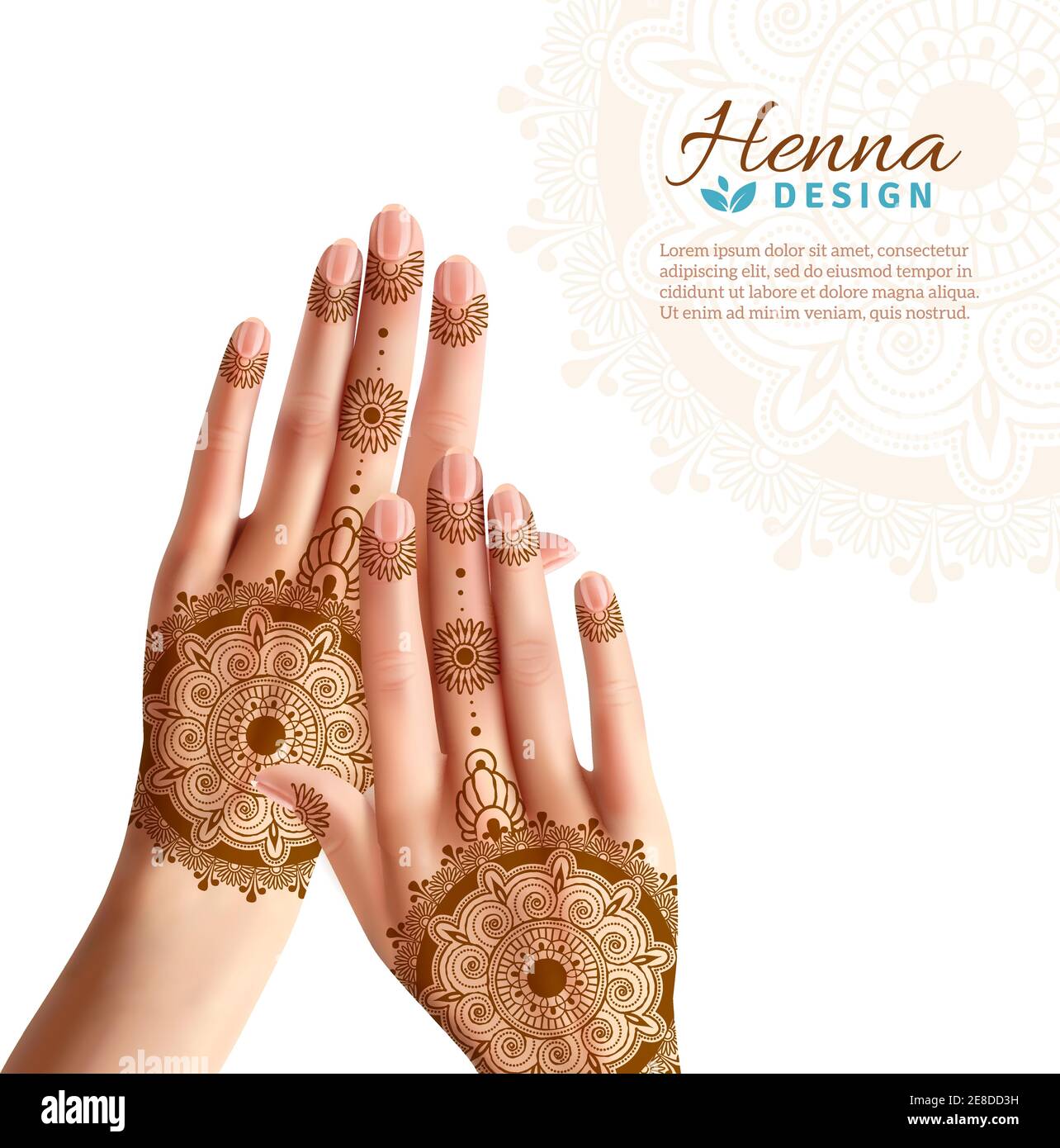 Women hands coloring with indian henna paste or mehndi design of tattoos realistic advertisement poster vector illustration Stock Vector