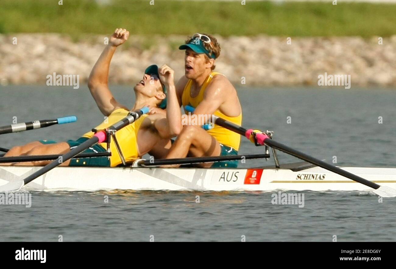 David Crawshay (R) and Scott Brennan of Australia react after coming in  first in the men's double sculls final rowing competition of the Beijing  2008 Olympic Games at Shunyi Olympic Rowing-Canoeing Park