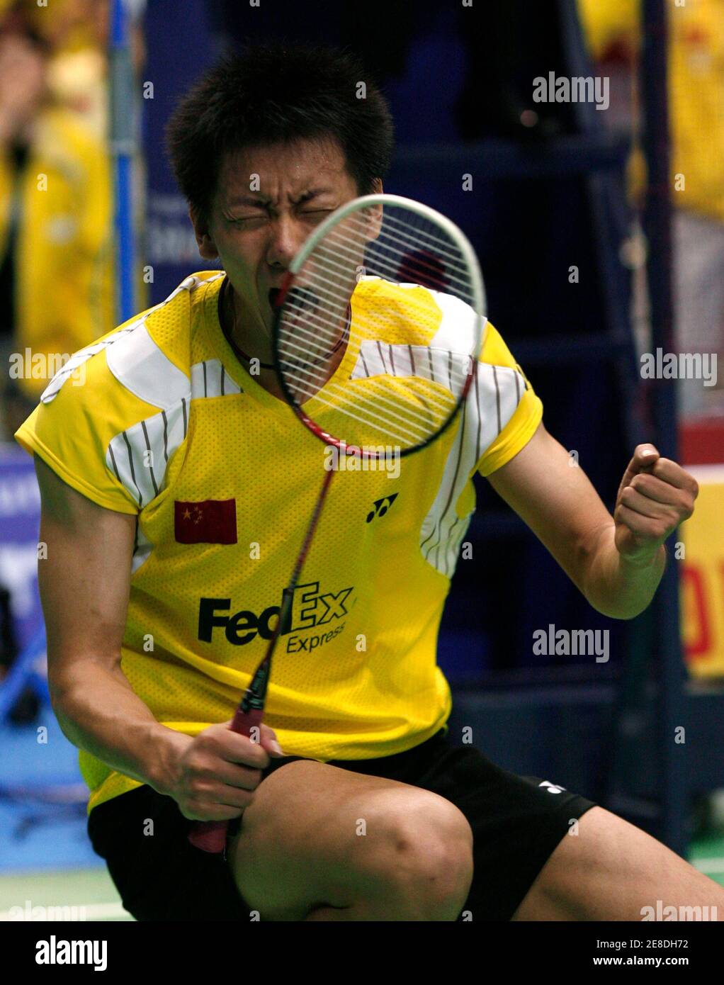 China's Chen Jin reacts after beating Malaysia's Muhammad Hafiz Hashim during the semifinal of the Thomas Cup badminton championships in Jakarta May 16, 2008. REUTERS/Beawiharta (INDONESIA) Stock Photo