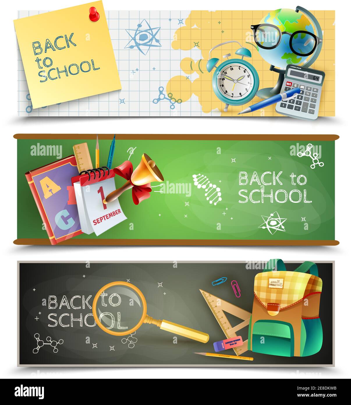 Back to school 3 horizontal banners set with chalkboards textbooks and ...