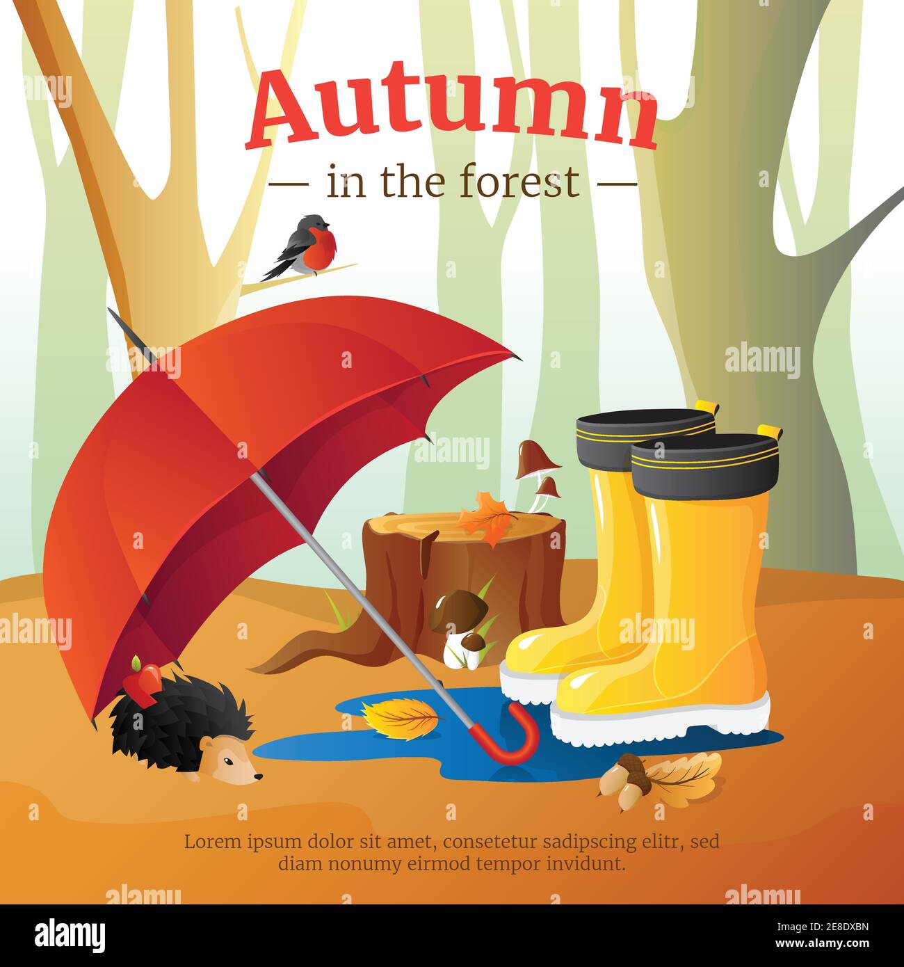 Autumn in forest poster with red umbrella wellingtons and hedgehog with trees trunks background cartoon vector illustration Stock Vector