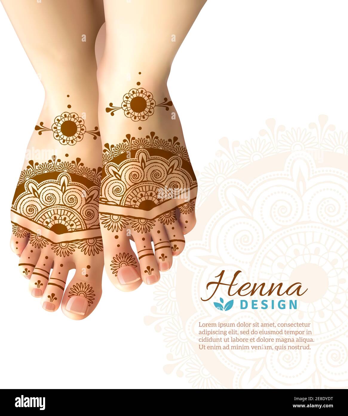 Bride feet coloring with indian henna paste or mehndi design of symbolic tattoos realistic advertisement poster vector illustration Stock Vector