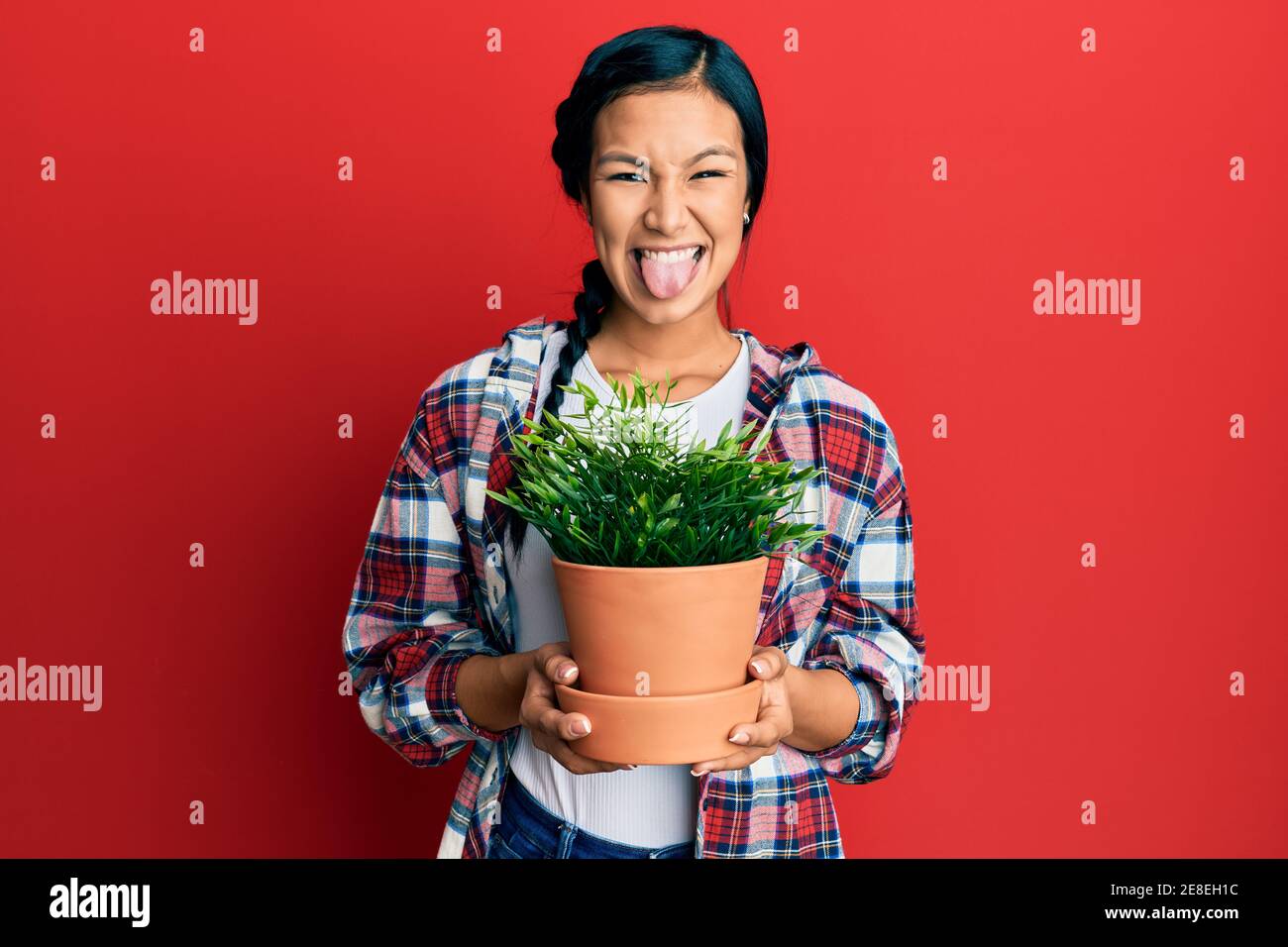 Beautiful hispanic woman wearing gardener shirt holding plant pot ...