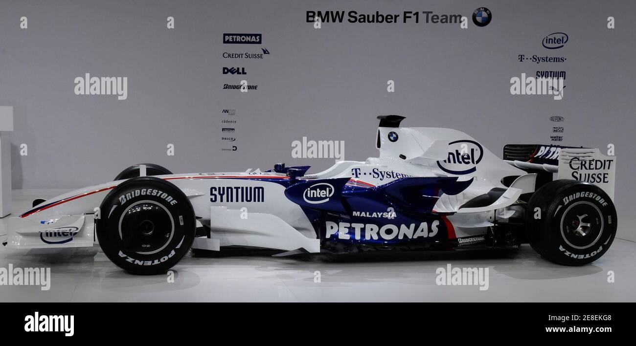 The new BMW Sauber F1.08 racing car is presented in Munich January 14, 2008.  BMW Sauber, Formula One runners-up last season after McLaren were stripped  of all their constructors' points for a