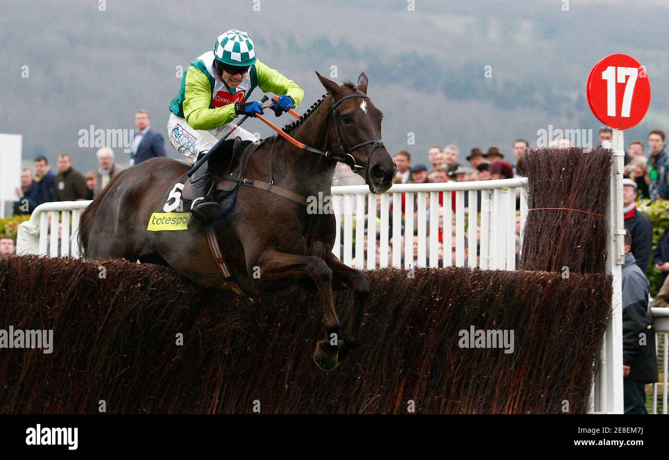 Sam Thomas on Denman jumps the last fence to win the totesport Cheltenham Gold Cup Steeple Chase on the fourth day of the Cheltenham Festival horse racing in Gloucestershire, western England, March 14, 2008. REUTERS/Eddie Keogh (BRITAIN) Stock Photo