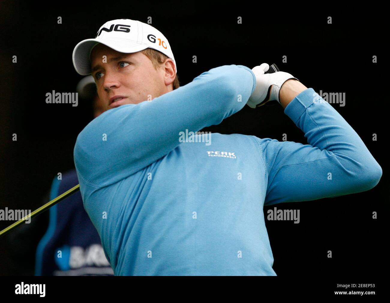 Sweden's Alexander Noren tees off at the third hole during his second round of the Scottish Open golf tournament at Loch Lommond near Glasgow, Scotland, July 11, 2008. REUTERS/David Moir (BRITAIN) Stock Photo