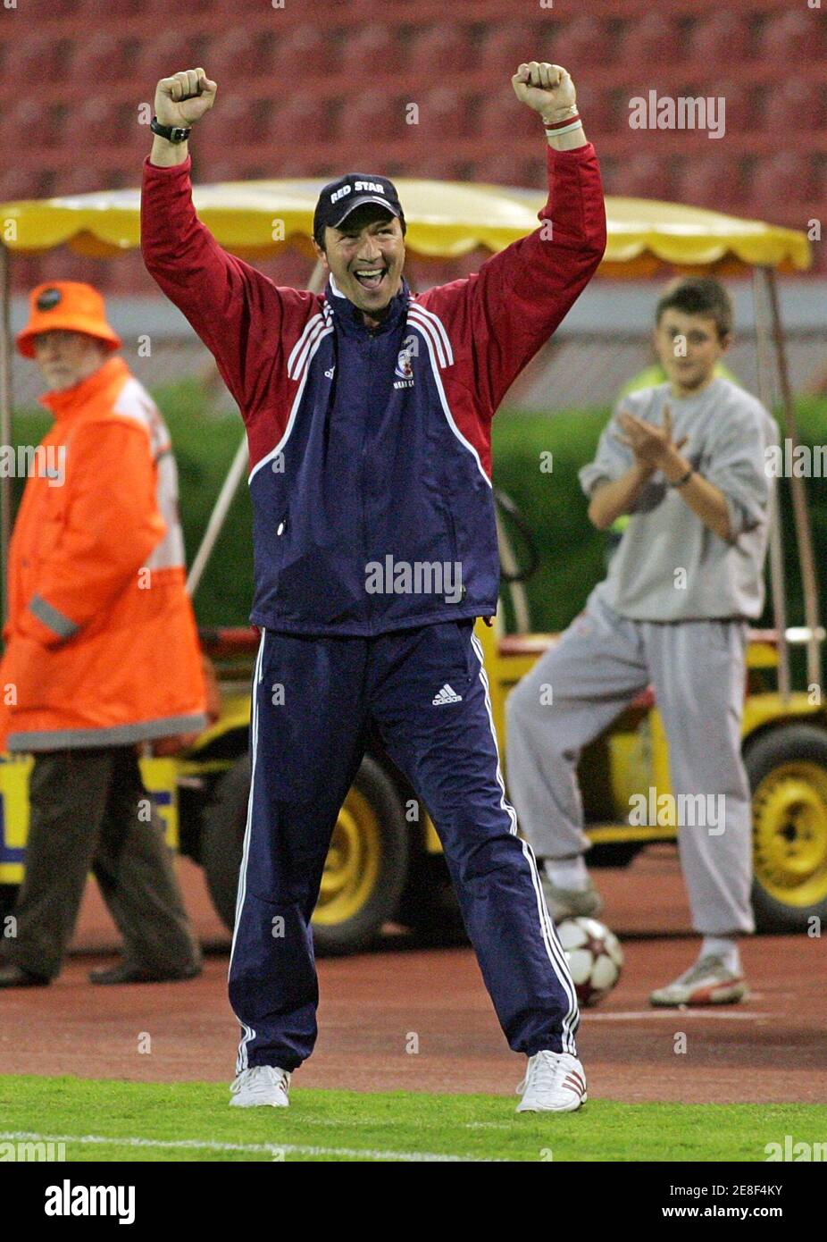 Red Star's coach, Walter Zenga of Italy, celebrates their victory over OFK Beograd in Belgrade April 22, 2006. Red Star beat OFK Beograd 2-0. REUTERS/Ivan Milutinovic Stock Photo