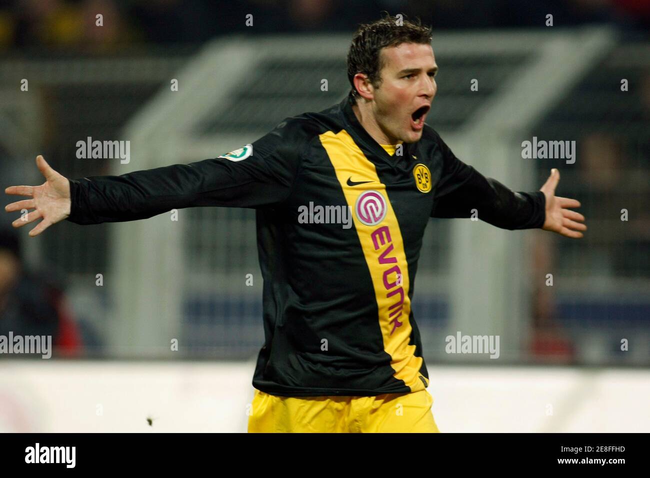 Borussia Dortmund's Alexander Frei of Switzerland celebrates a goal against  Werder Bremen during the German soccer cup "DFB-Pokal" round of 16 match in  Dortmund January 28, 2009. REUTERS/Ina Fassbender (GERMANY Stock Photo -