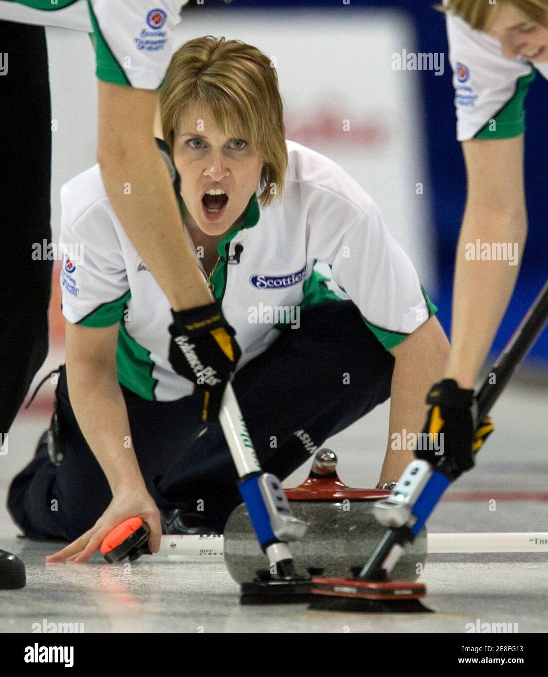 Saskatchewan skip Stefanie Lawton shouts to team mates during a playoff game against Team Canada at the Canadian Women's Curling Championships in Victoria, British Columbia February 28, 2009.       REUTERS/Andy Clark     (CANADA) Stock Photo