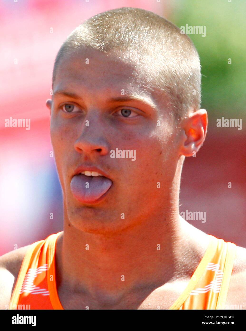 Trey Hardee of the USA reacts after the 100m event at the two-day international decathlon meeting in Goetzis May 30, 2009. REUTERS/Miro Kuzmanovic (AUSTRIA SPORT ATHLETICS) Stock Photo